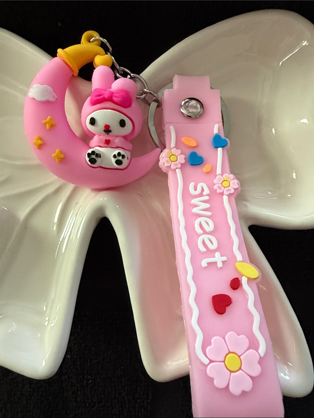 Pink Bunny Moon Keychain Charm with 'Sweet' Strap
